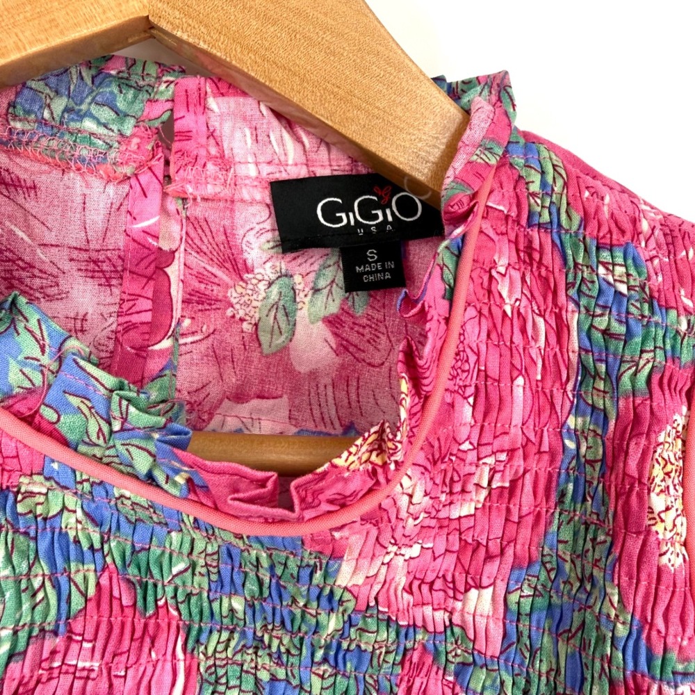 Gigio Women Small Top Pink Floral Smocked Flutter Sleeve Mock Neck Boho Cottage - Picture 3 of 6
